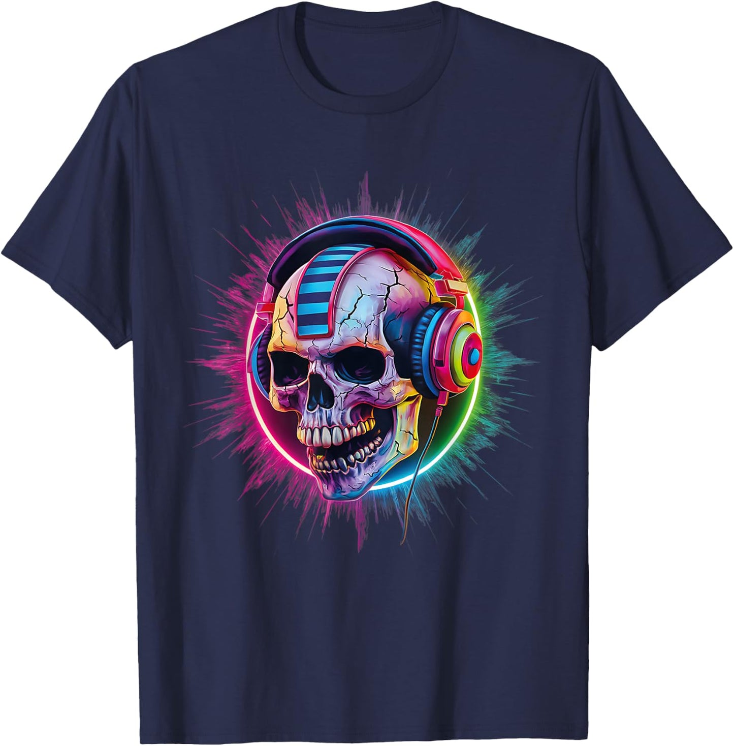Skull Wearing Headphones Gamer Skeleton Gaming Graffiti T-Shirt - T-Shirt | Navy