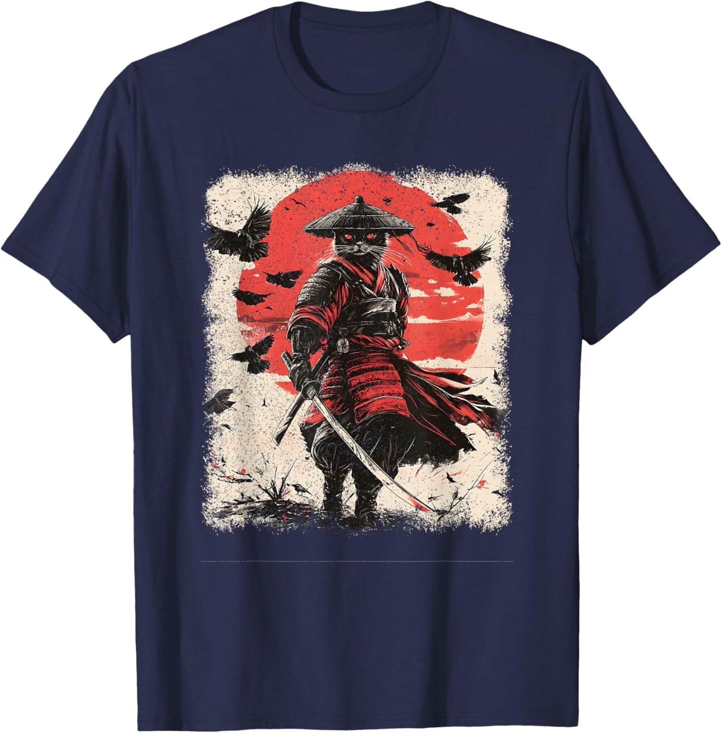 Samurai Cat, Vintage Japanese Warrior Art | Anime & Samurai T-Shirt - T-Shirt | Navy