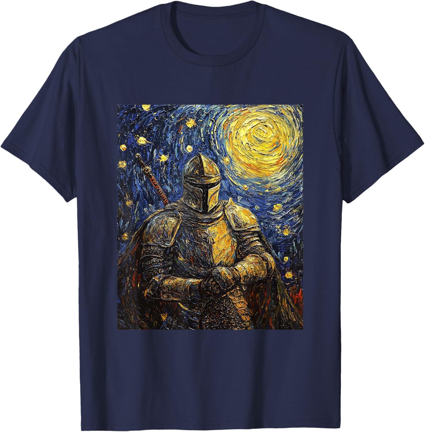 Knight Medieval Van Gogh Style Starry Night Graphic T-Shirt - T-Shirt | Navy