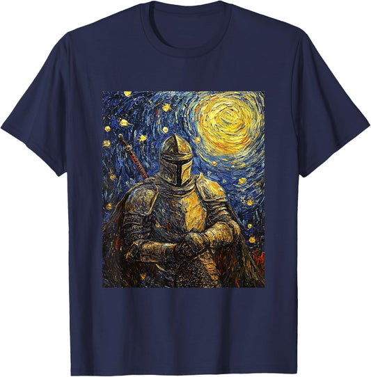 Knight Medieval Van Gogh Style Starry Night Graphic T-Shirt - T-Shirt | Navy