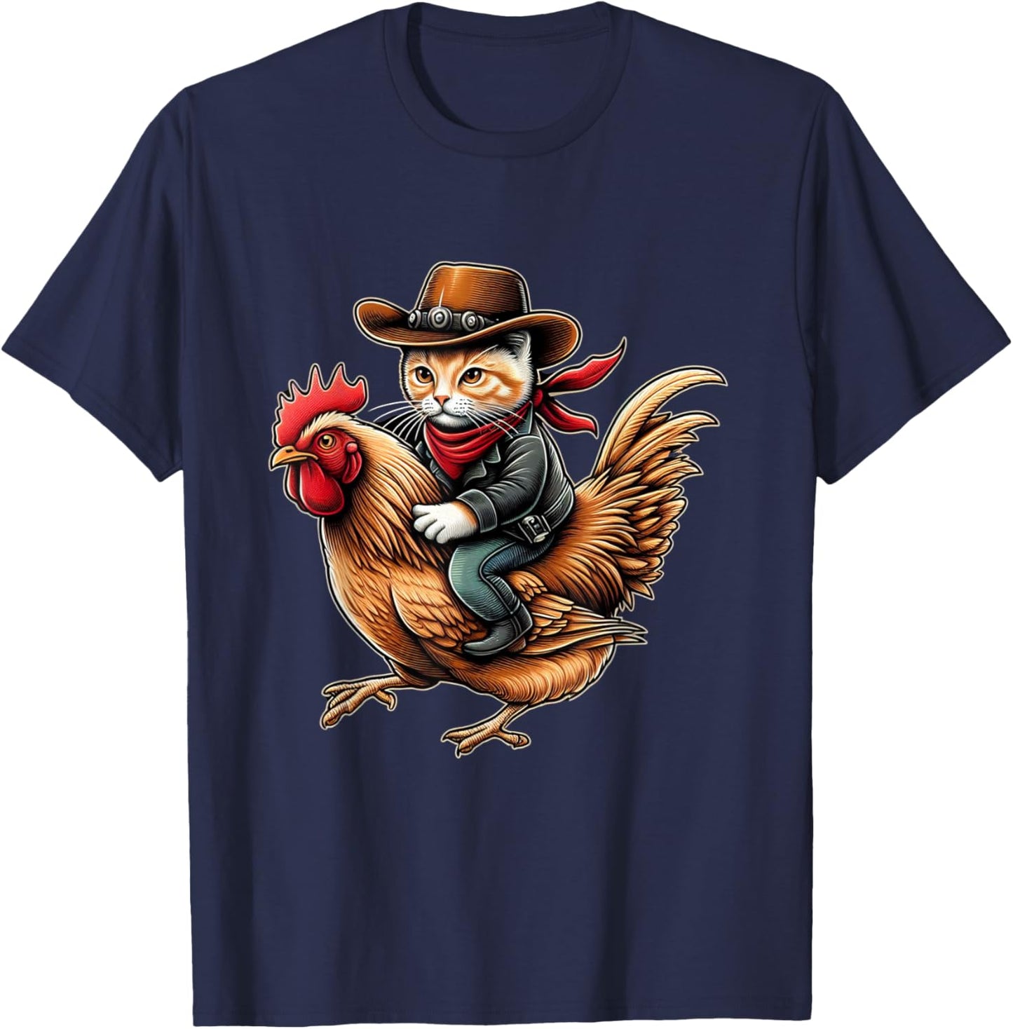 Cowboy Cat Riding Chicken Funny Western Vintage Design T-Shirt - T-Shirt | Navy