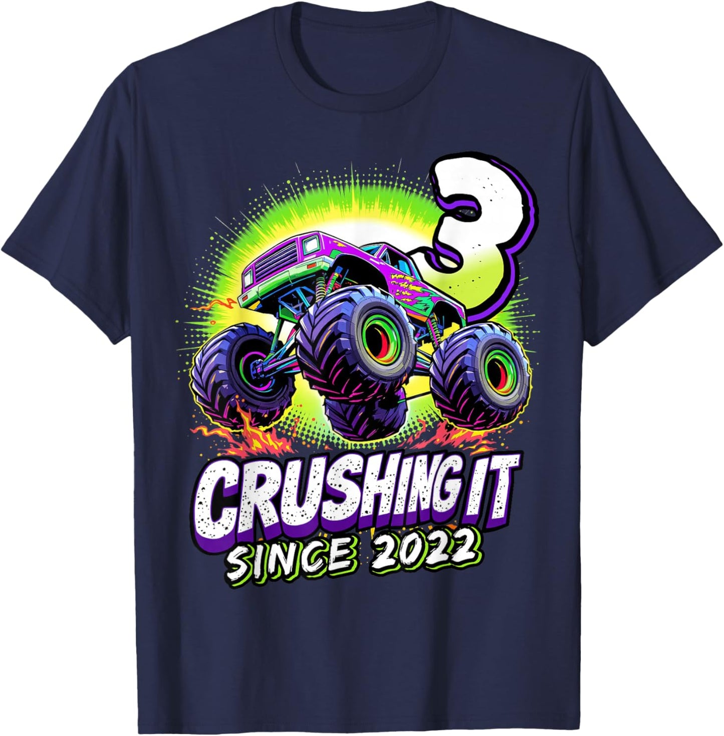 Birthday Monster Truck 3 year Old Boys 3rd Party Born 2022 T-Shirt - T-Shirt | Navy