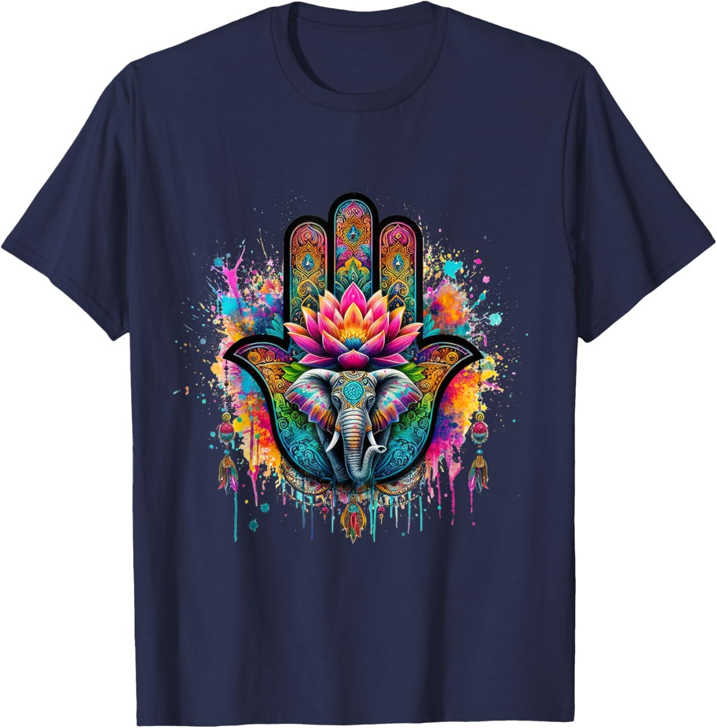 Beautiful Hamsa Hand Colorful Art with Elephant and Lotus T-Shirt - T-Shirt | Navy