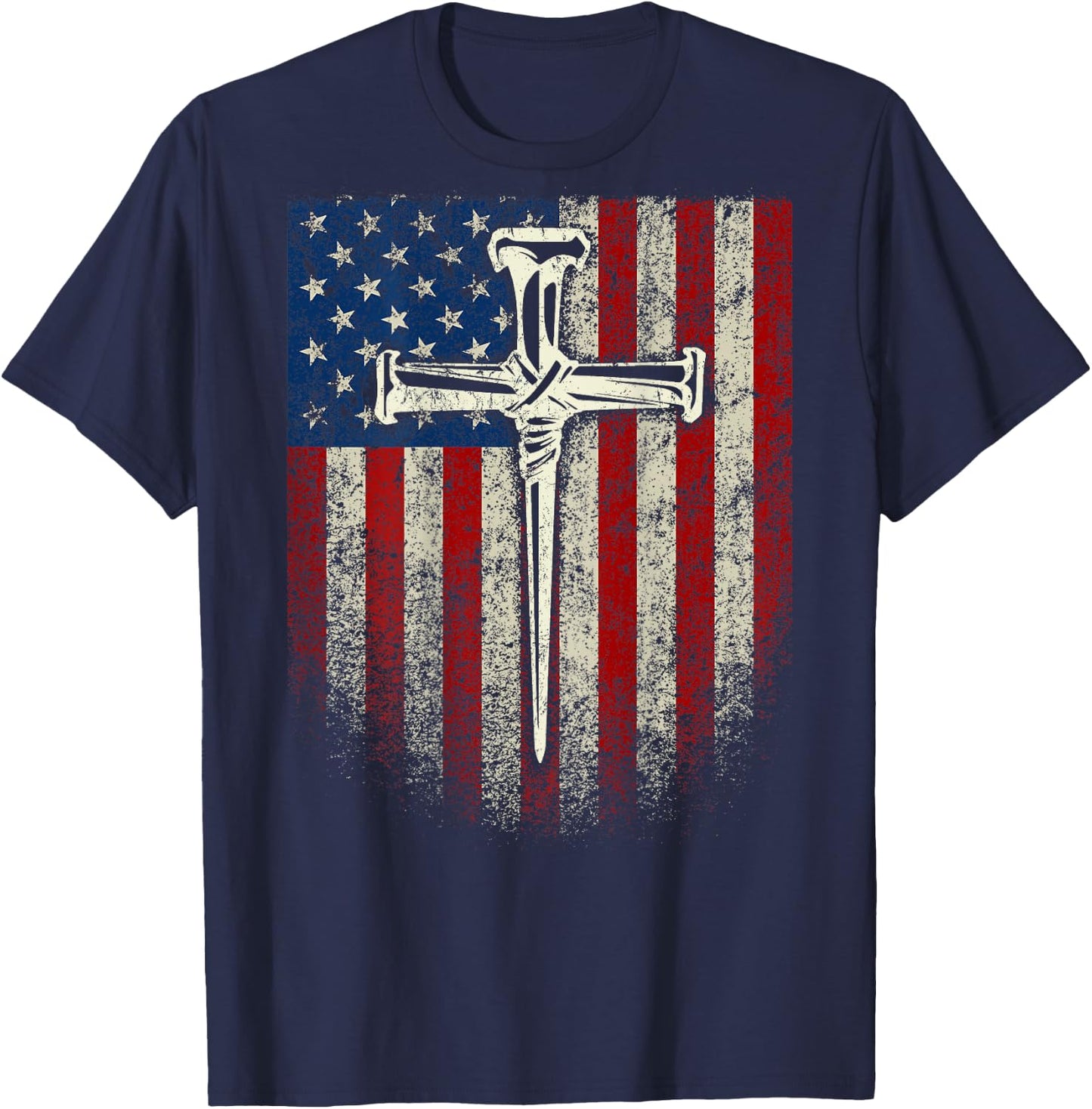 (Art on Back) American US Flag Cross Christian T-Shirt - T-Shirt | Navy