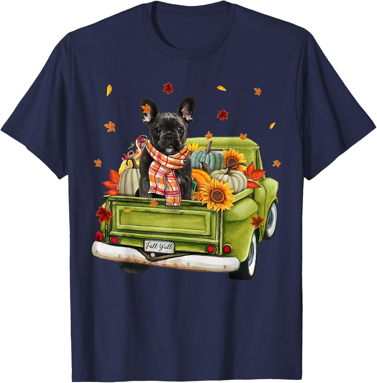 Happy Fall Y'all French Bulldog Dog On Truck Pumpkin Fall Men Women T-Shirt - T-Shirt | Navy