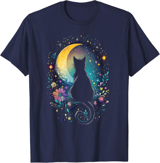 Cat Moon and Flowers Aesthetic Cottagecore inspired T-Shirt - T-Shirt | Navy