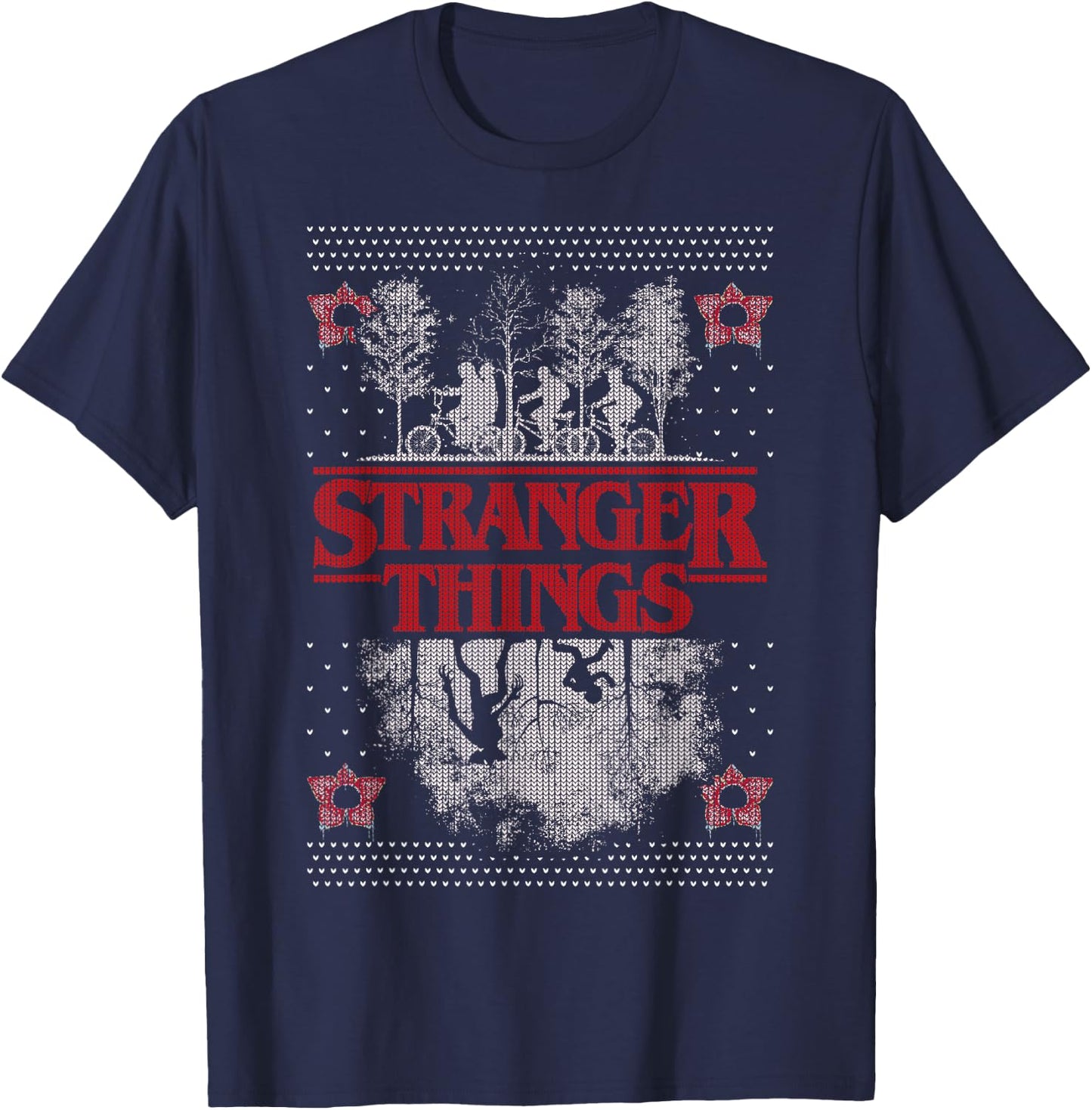 Netflix Stranger Things Ugly Christmas Sweater Style T-Shirt - T-Shirt | Navy