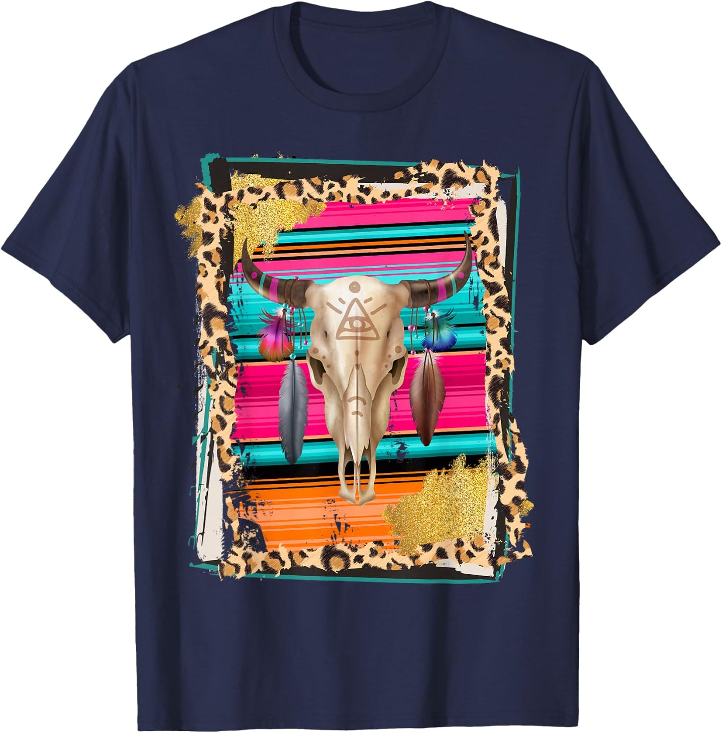BOHO COW - Leopard Cow Pattern Serape Print Cowgirl Rodeo T-Shirt - T-Shirt | Navy