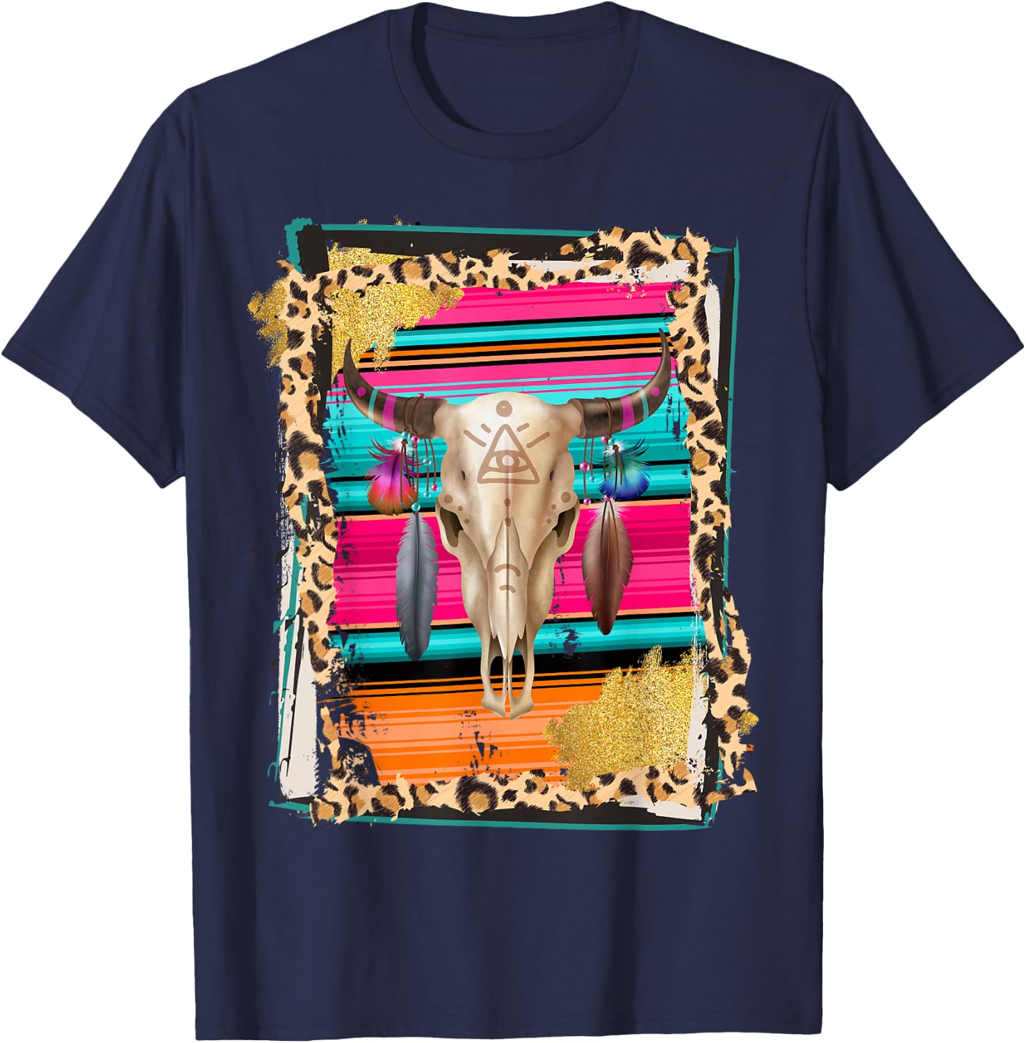 BOHO COW - Leopard Cow Pattern Serape Print Cowgirl Rodeo T-Shirt - T-Shirt | Navy