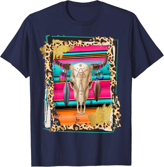 BOHO COW - Leopard Cow Pattern Serape Print Cowgirl Rodeo T-Shirt - T-Shirt | Navy