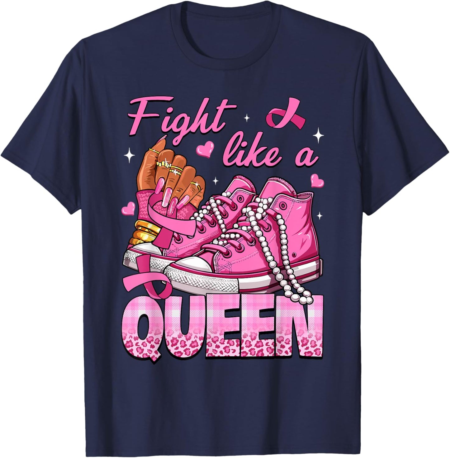 Fight Like A Queen Women Girl Sneakers Breast Cancer Warrior T-Shirt - T-Shirt | Navy