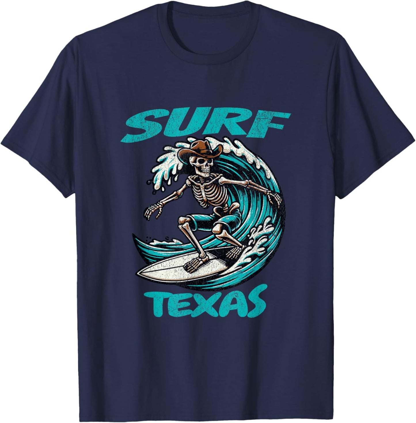 Surf Texas Cowboy Skeleton Surfing Radical Texan Waves Yeeha T-Shirt - T-Shirt | Navy