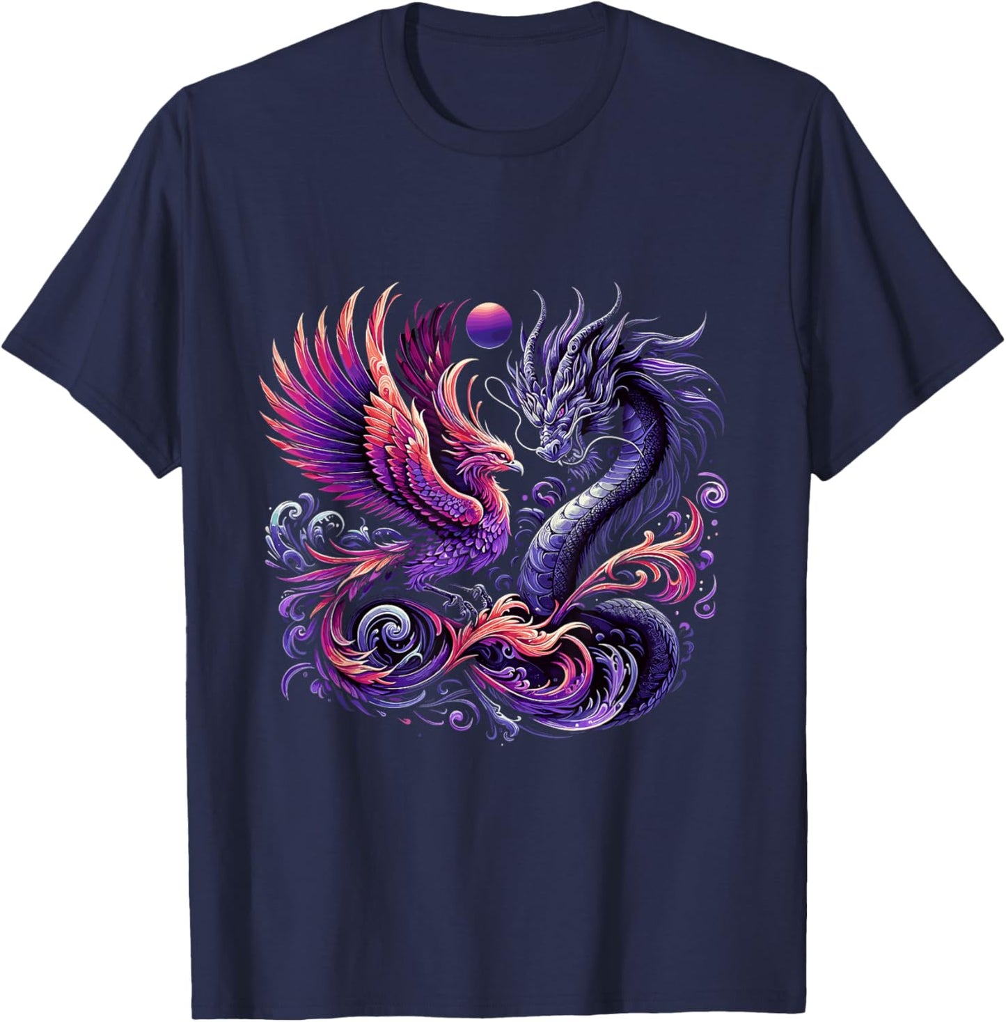 Mystical Phoenix and Dragon Swirl Design T-Shirt - T-Shirt | Navy