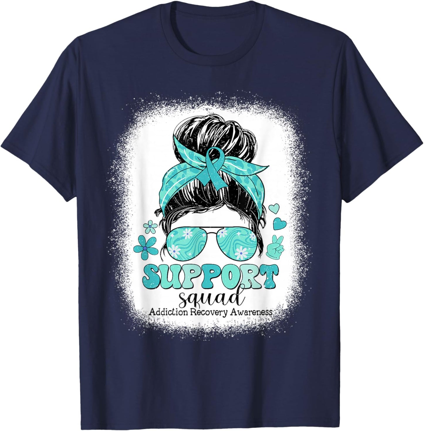 Groovy Support Squad Messy Bun Addiction Recovery Awareness T-Shirt - T-Shirt | Navy