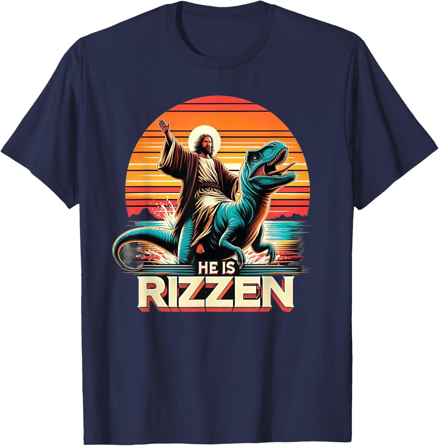 He Is Rizzen Jesus Retro Christian Dinosaur T-Shirt - T-Shirt | Navy