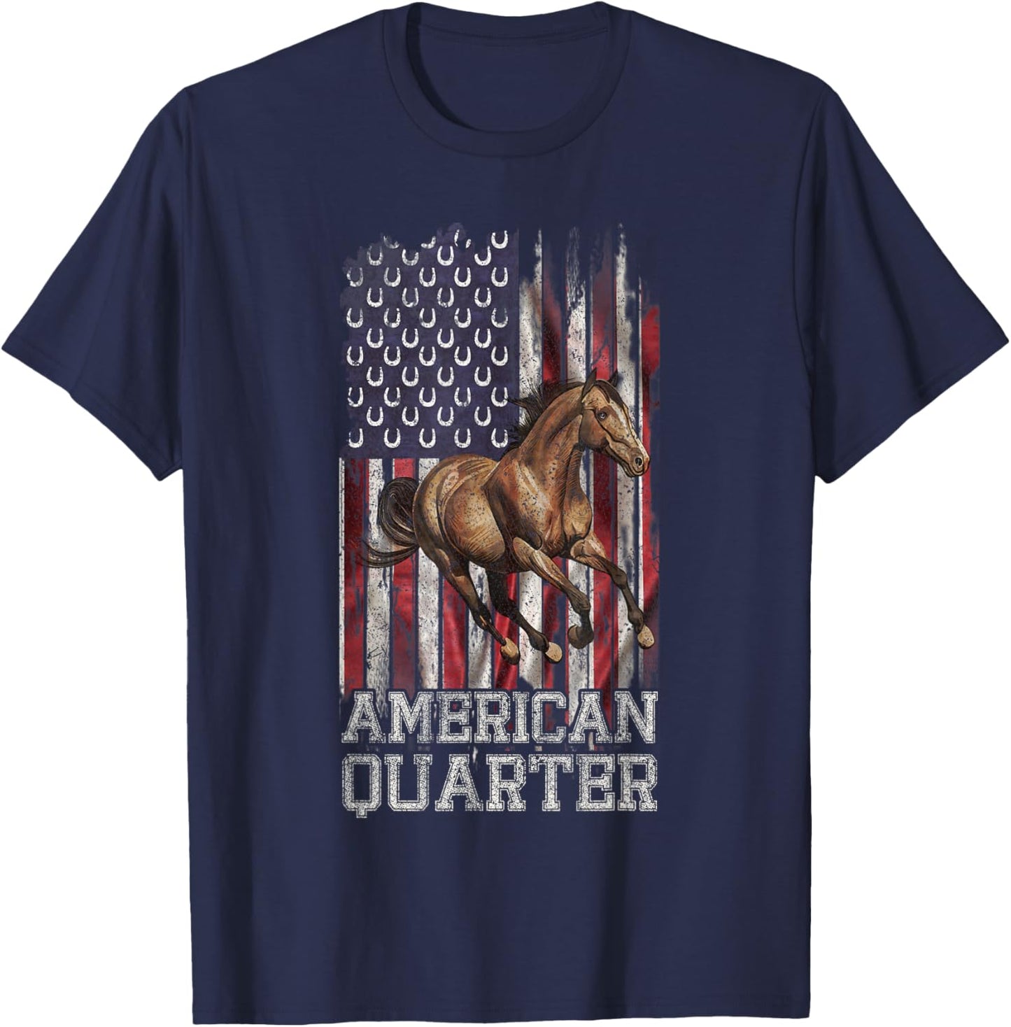 USA Flag American Quarter Horse Lover, Horseback Riding T-Shirt - T-Shirt | Navy