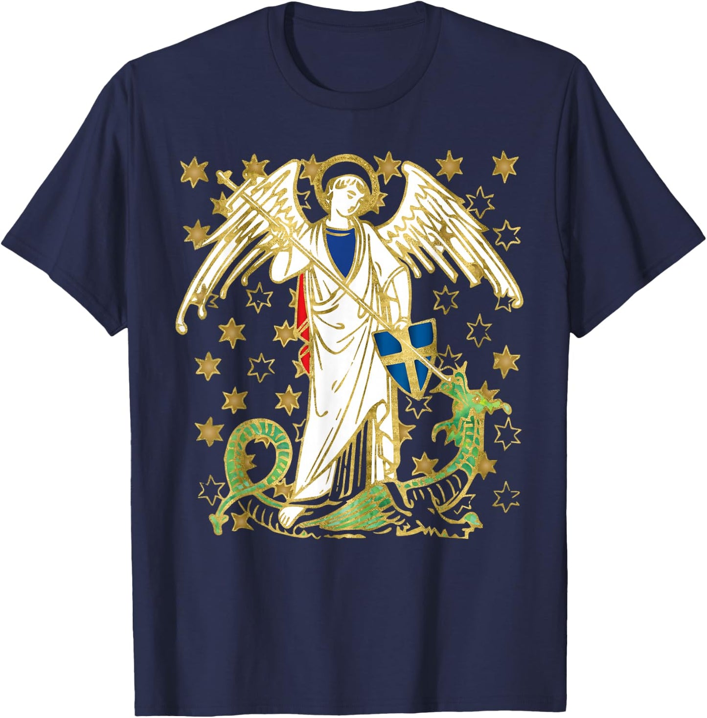 St. Michael the Archangel Icon Dragon Catholic Angel Vintage T-Shirt - T-Shirt | Navy