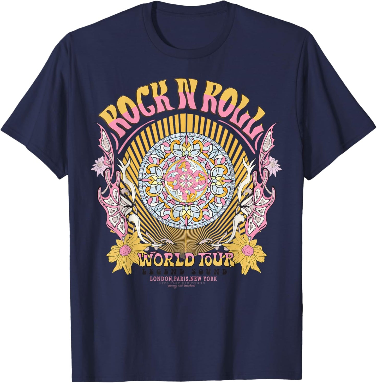 Vintage Retro Aztec Round Motif Mandala Flower Rock & Roll T-Shirt - T-Shirt | Navy