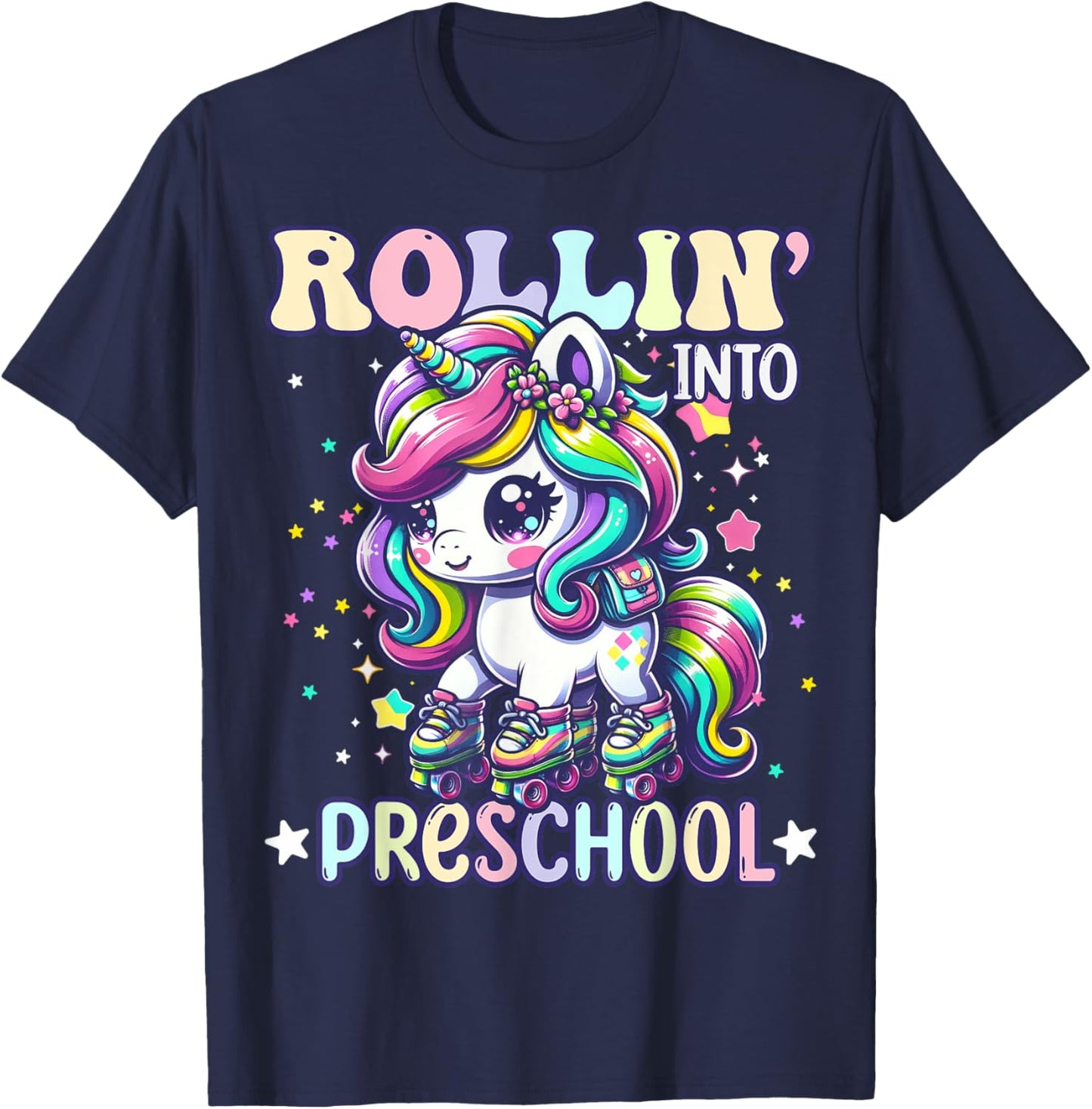 Preschool Back To School First Day Girls PreK Rollin Unicorn T-Shirt - T-Shirt | Navy