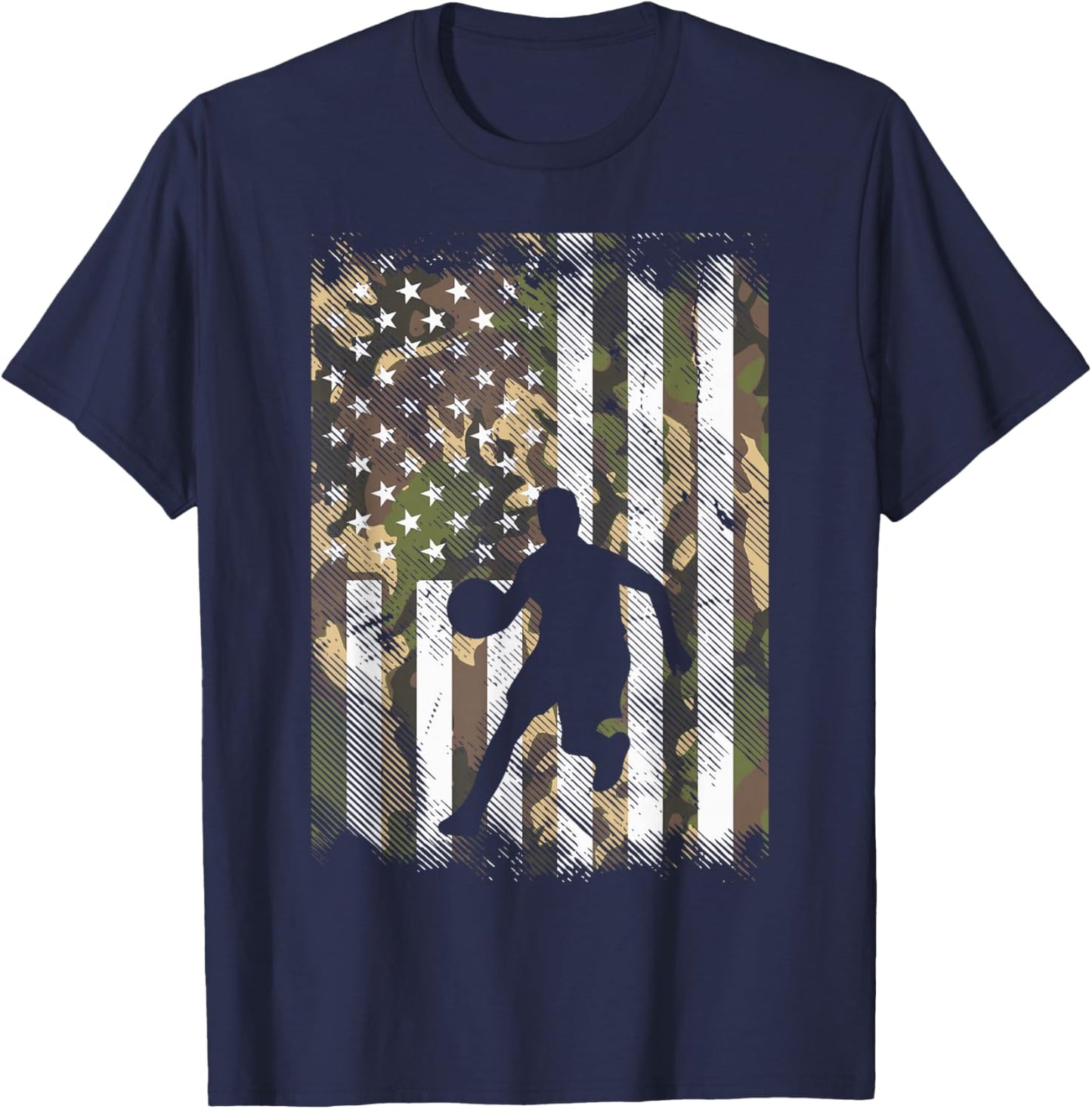 Camo Flag Basketball Vintage Patriotic Baller Men Women Kids T-Shirt - T-Shirt | Navy