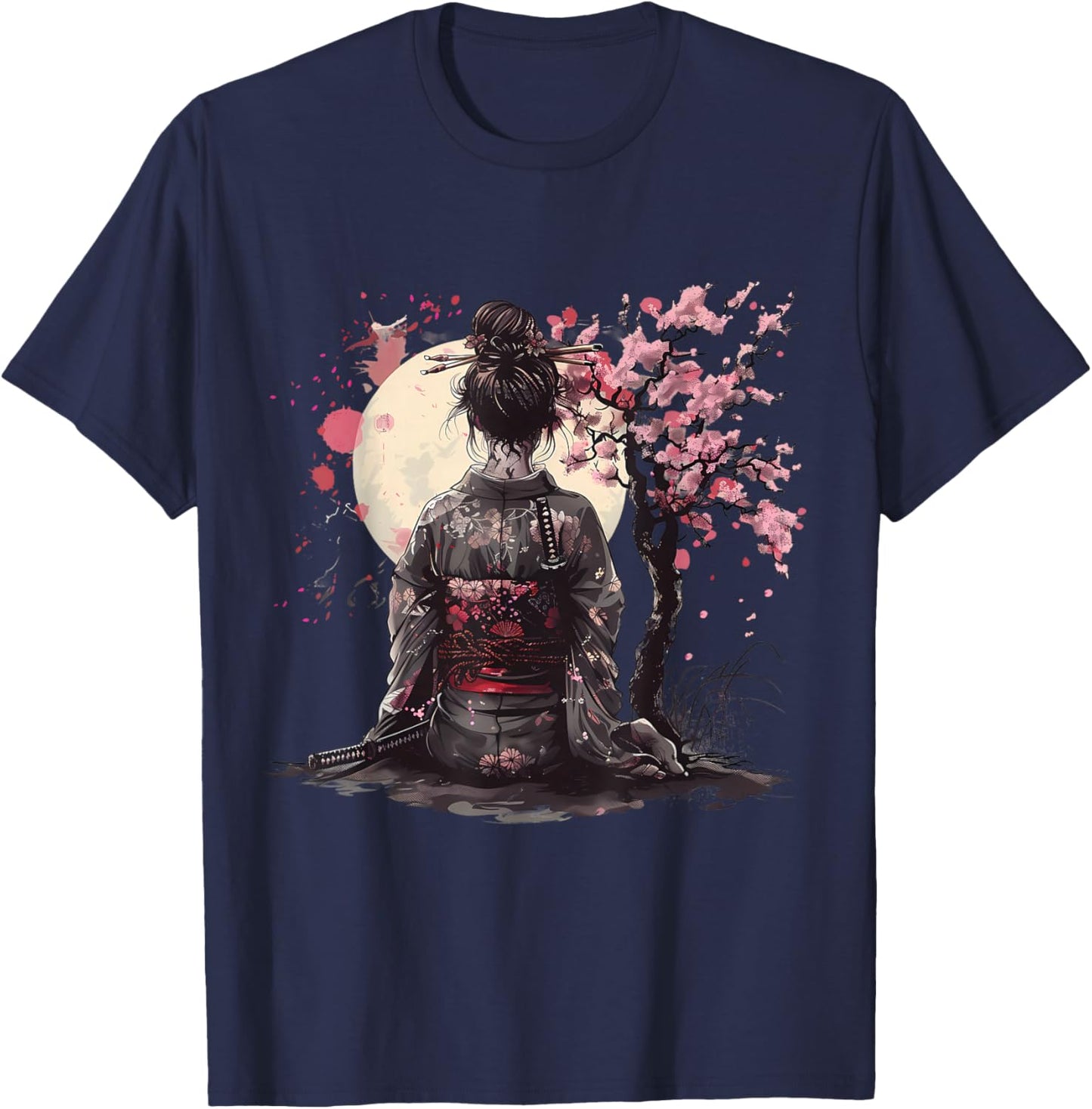 Japanese Samurai Girl Sakura Cherry Blossom Japanese Geisha T-Shirt - T-Shirt | Navy