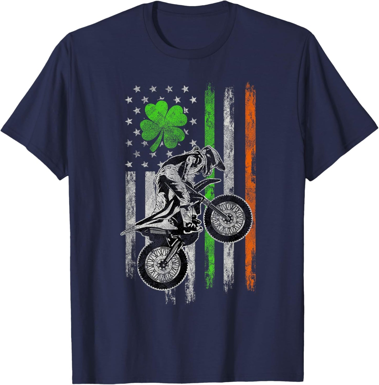 Motocross American Irish Flag St Patricks Day Dirt Bike T-Shirt - T-Shirt | Navy