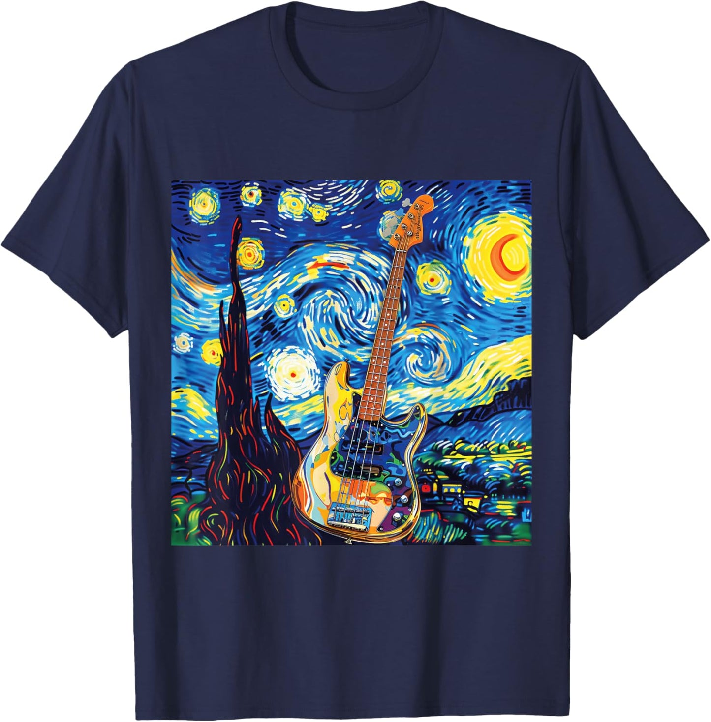 Melodic Starry Night Bass Guitar Inspiration T-Shirt - T-Shirt | Navy