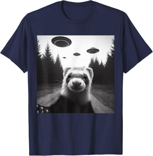 Ferret Selfie With Alien UFO Funny Gifts Women Kid T-Shirt - T-Shirt | Navy