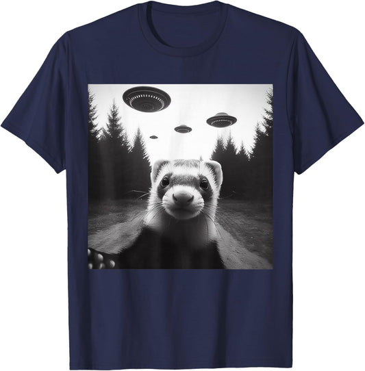 Ferret Selfie With Alien UFO Funny Gifts Women Kid T-Shirt - T-Shirt | Navy