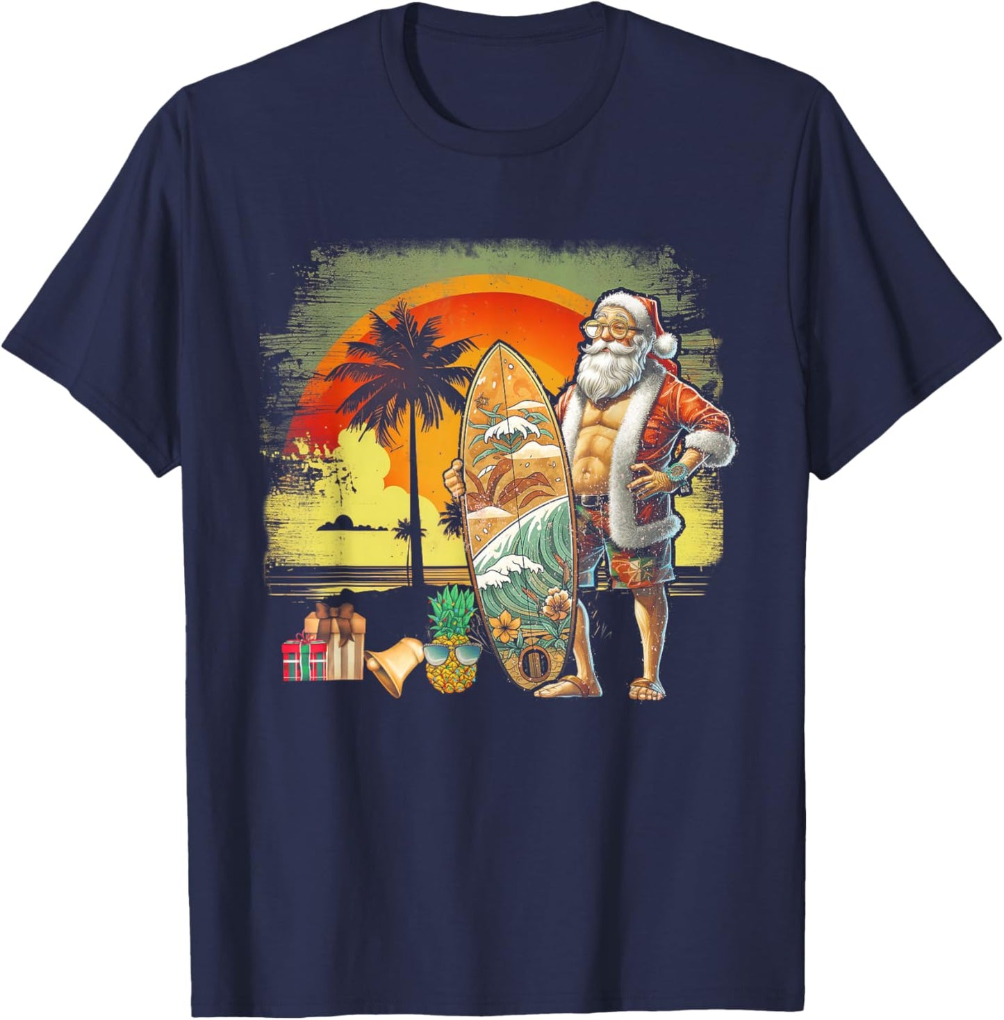 Tropical Summer Surfing Santa Claus 6 Pack Christmas In July Men Women T-Shirt - T-Shirt | Navy
