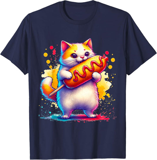 Cute Cat Eating Corndog. Funny Cats And Corndogs Lover T-Shirt - T-Shirt | Navy