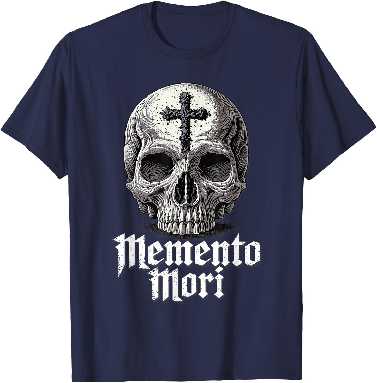 Memento Mori Catholic Crucifix Traditional Latin Mass Skull T-Shirt - T-Shirt | Navy