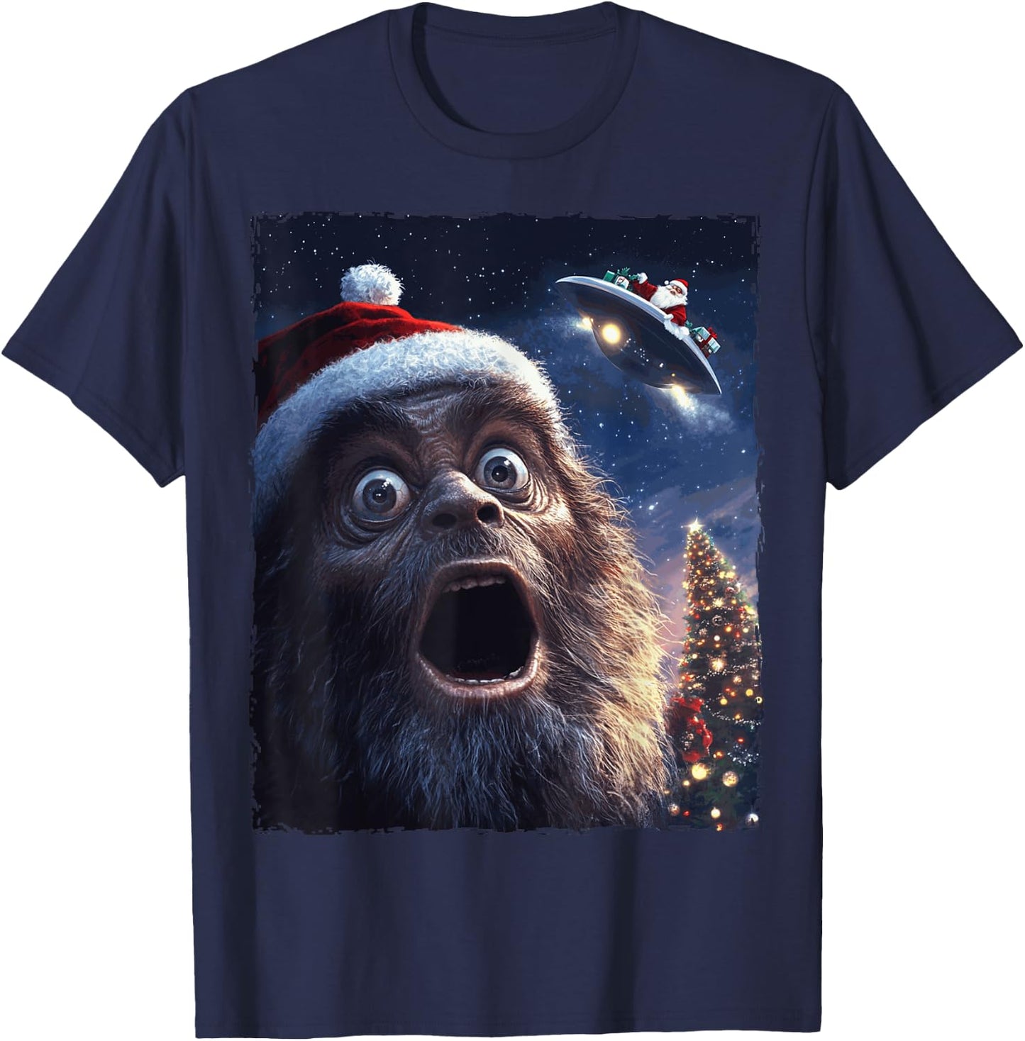 Funny Bigfoot Sasquatch Selfie Santa Ufo Xmas Christmas T-Shirt - T-Shirt | Navy