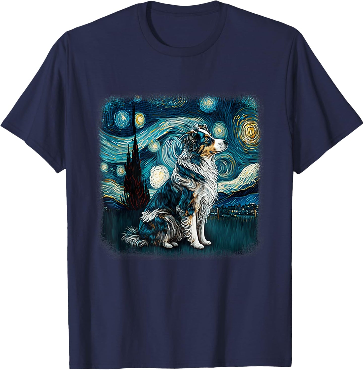 Dog in starry night van gogh aussie mini Australian Shepherd T-Shirt - T-Shirt | Navy