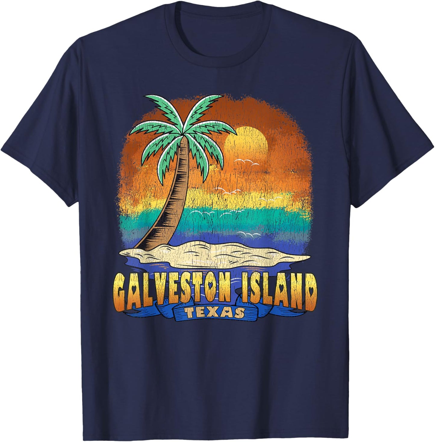 GALVESTON ISLAND TEXAS | Vintage Distressed Souvenir T-Shirt - T-Shirt | Navy