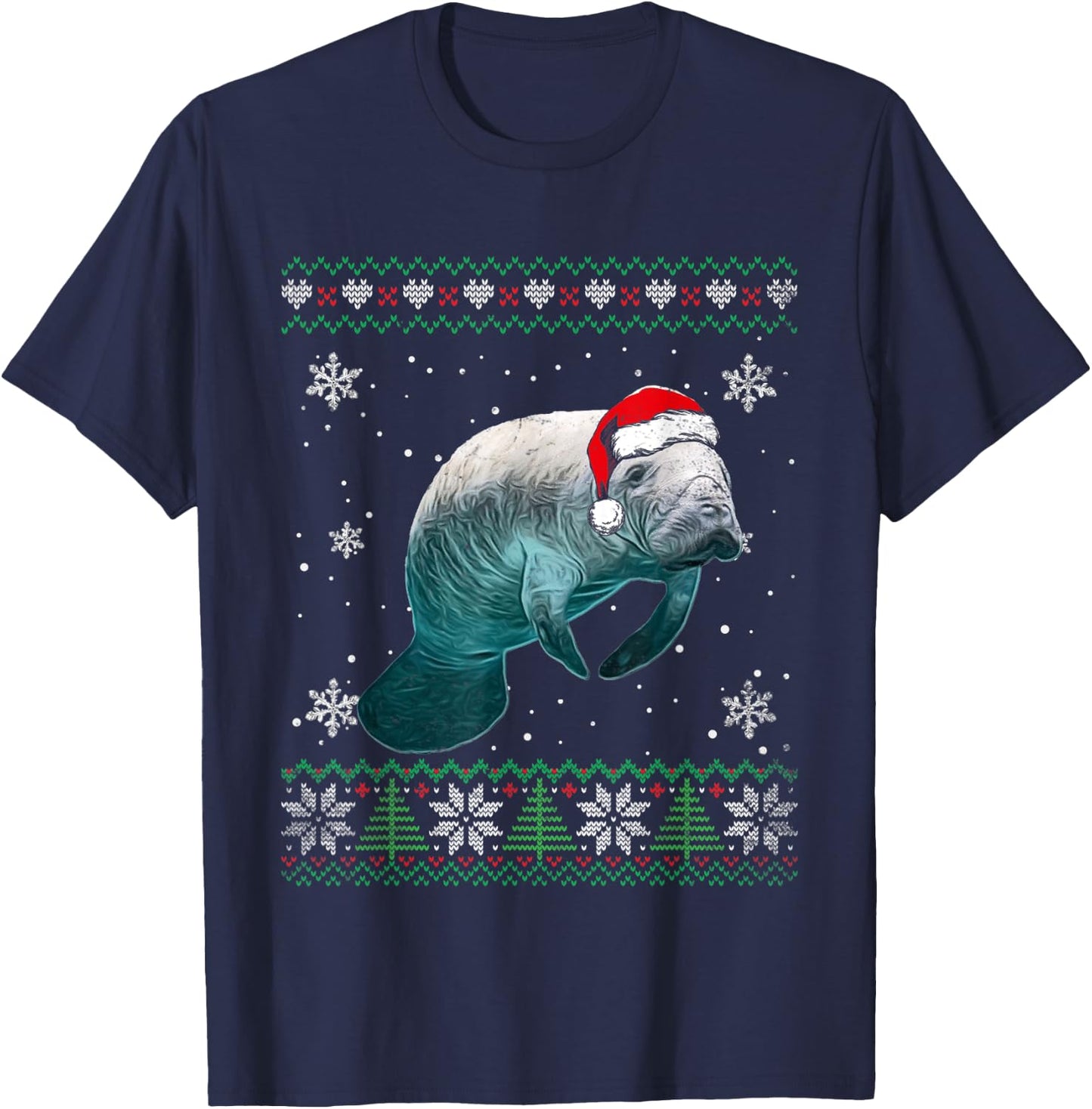 Santa Manatee Ugly Sweater Animals Christmas Pajama T-Shirt - T-Shirt | Navy