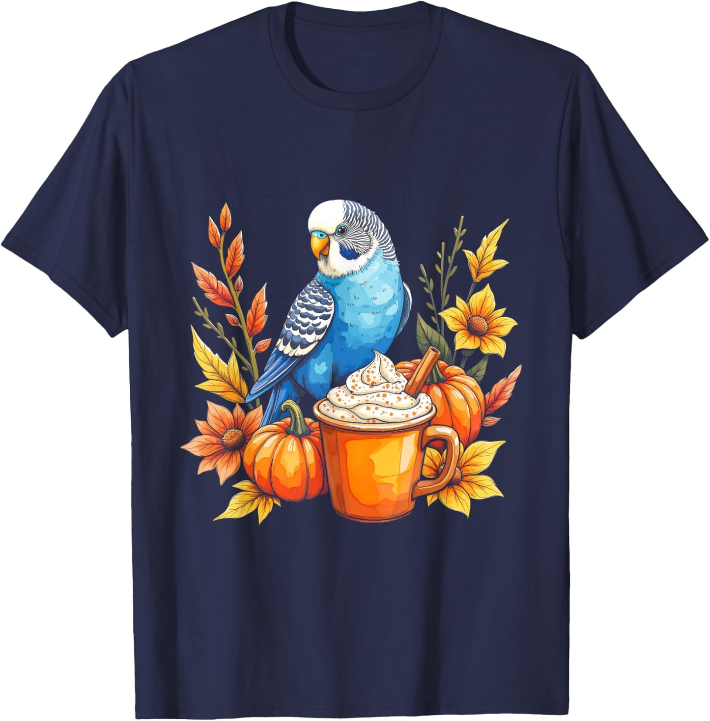 Budgie Parakeet Pumpkin Spice Latte and Fall Vibes Autumn T-Shirt - T-Shirt | Navy