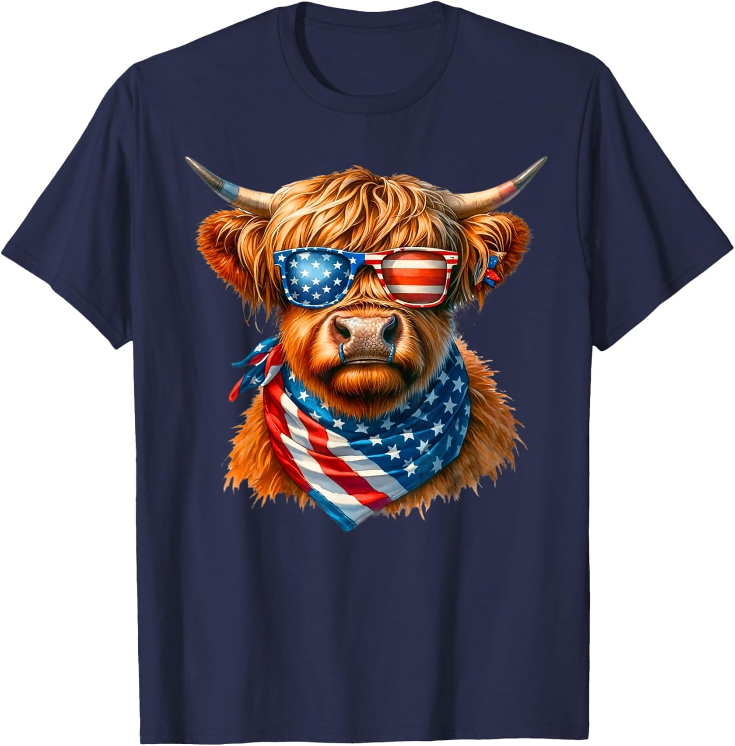 Vintage Patriot Highland Cow 4th Of July American Flag T-Shirt - T-Shirt | Navy