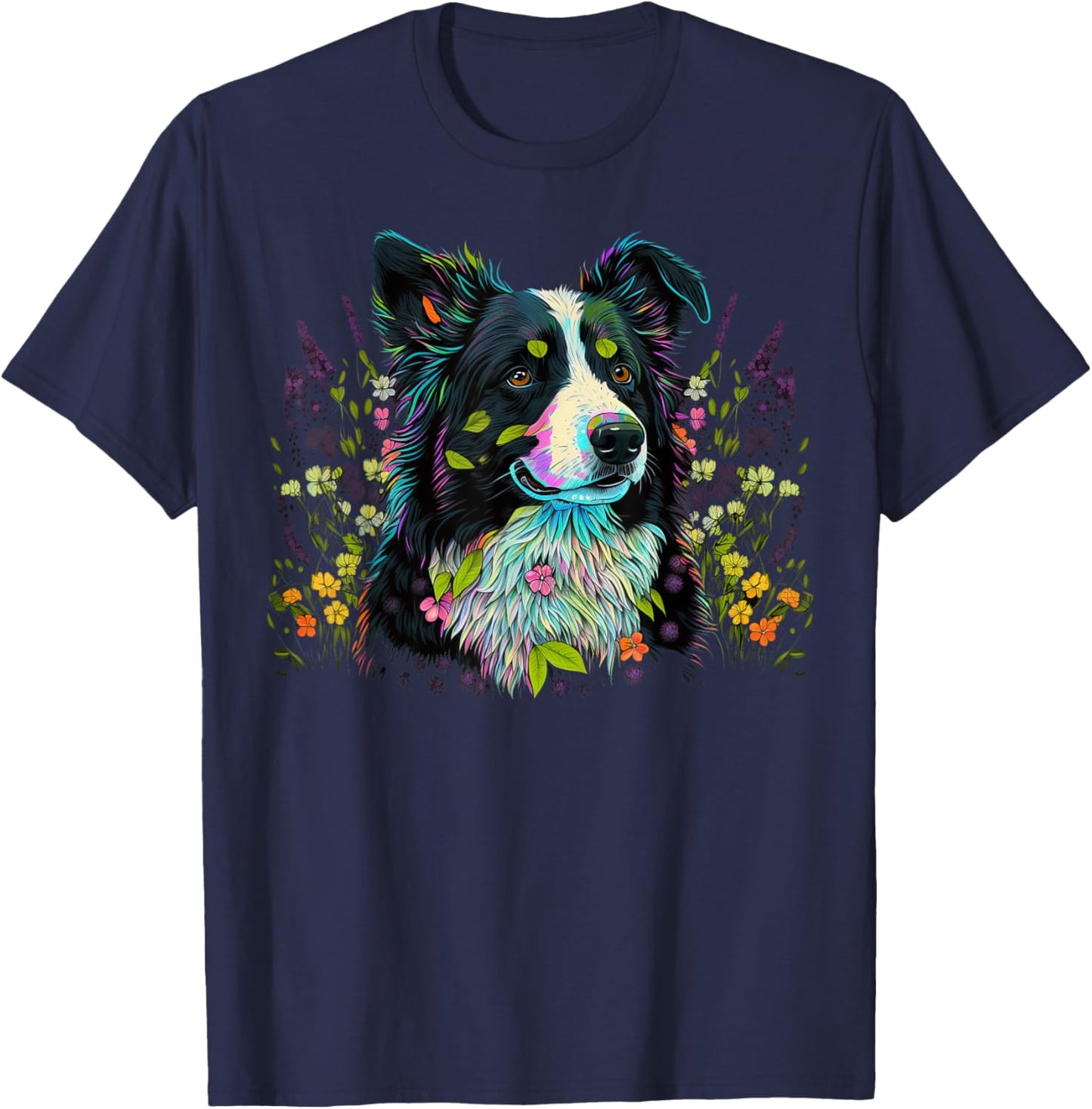 Cute Flower summer Floral Border Collie T-Shirt - T-Shirt | Navy