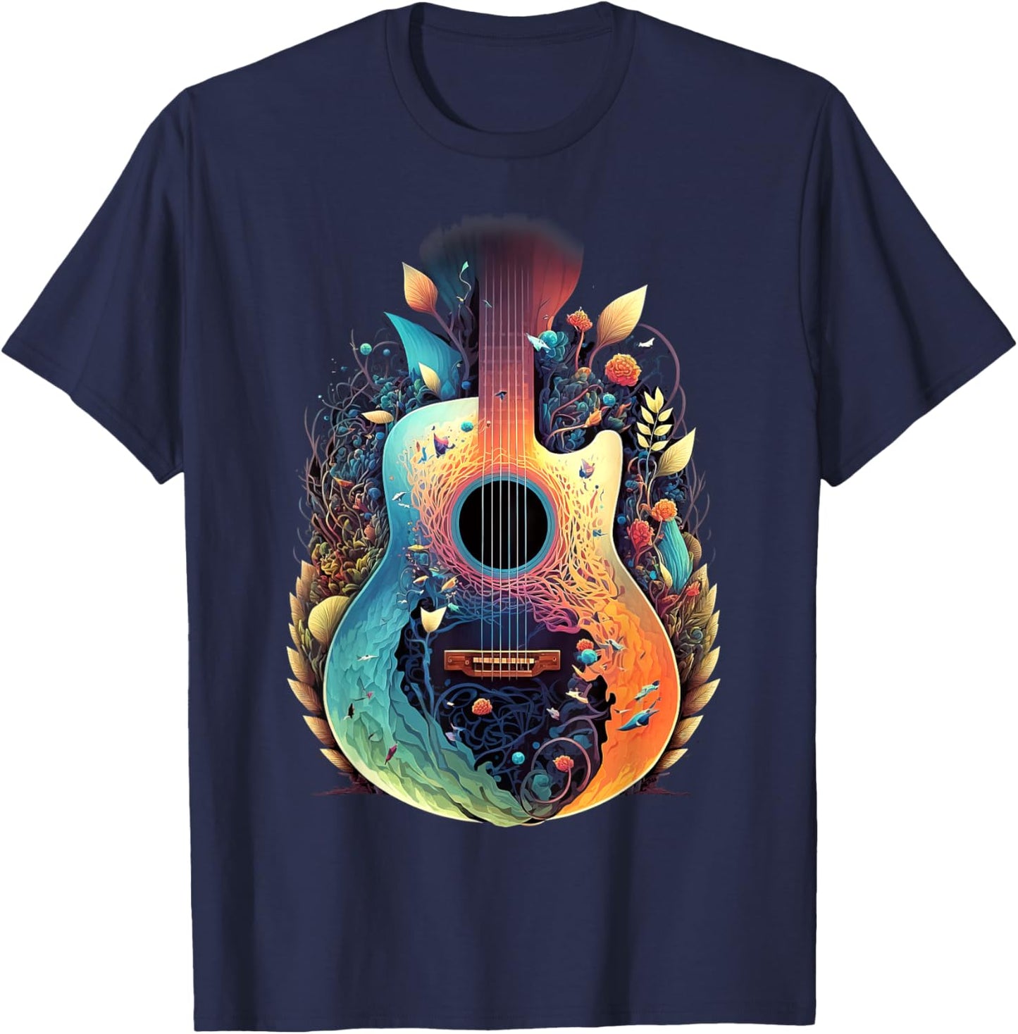 Guitar Graphic Music Lover - Acoustic Guitar Musician Floral T-Shirt - T-Shirt | Navy