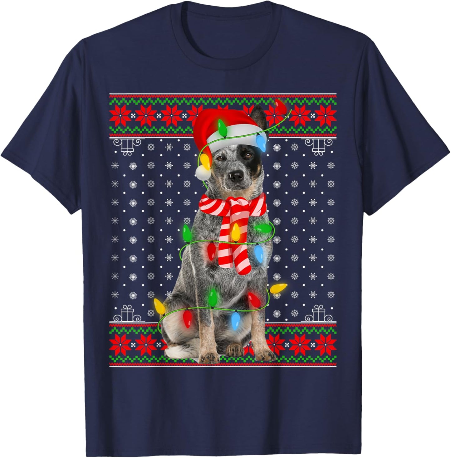 Ugly Xmas Dog Lights Santa Hat Blue Heeler Dog Christmas Men Women Girls Kids T-Shirt - T-Shirt | Navy