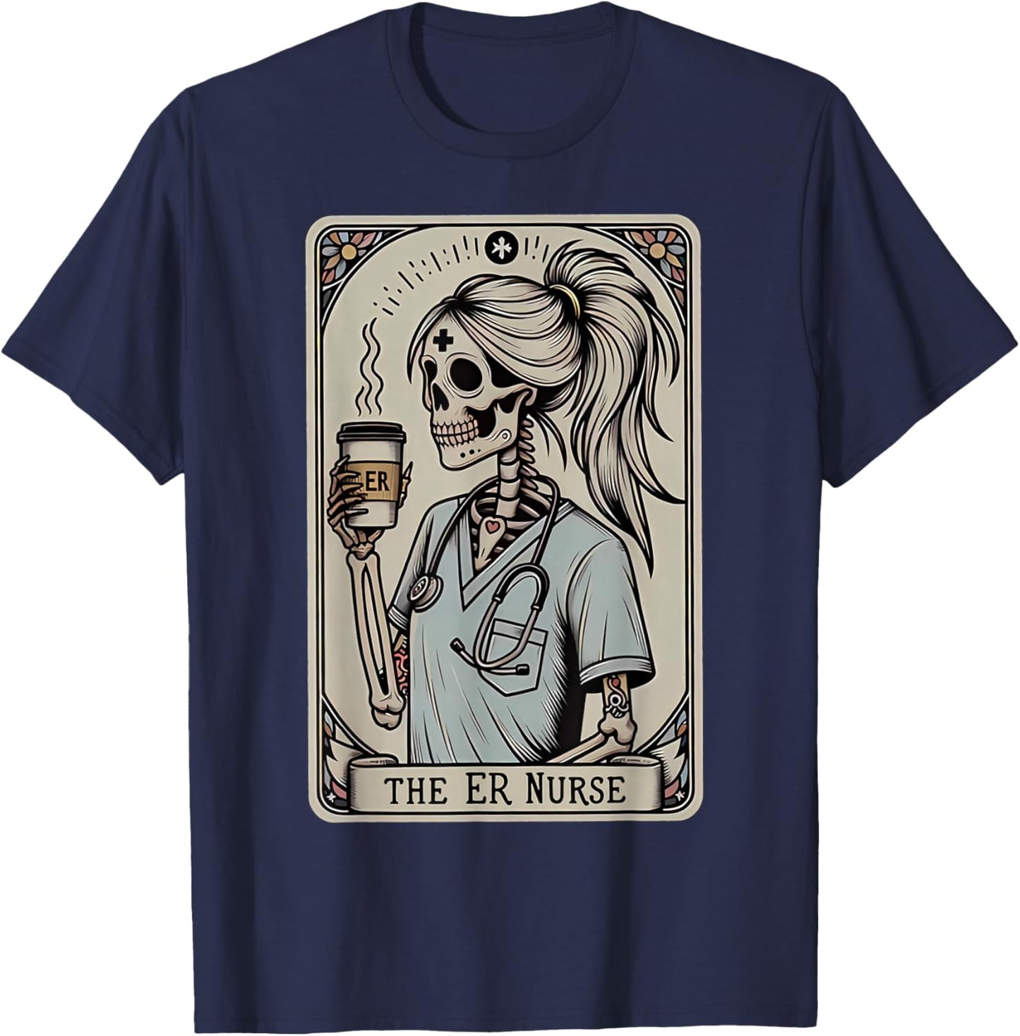 Skeleton Emergency Room Nurse Halloween Tarot Card Nursing T-Shirt - T-Shirt | Navy