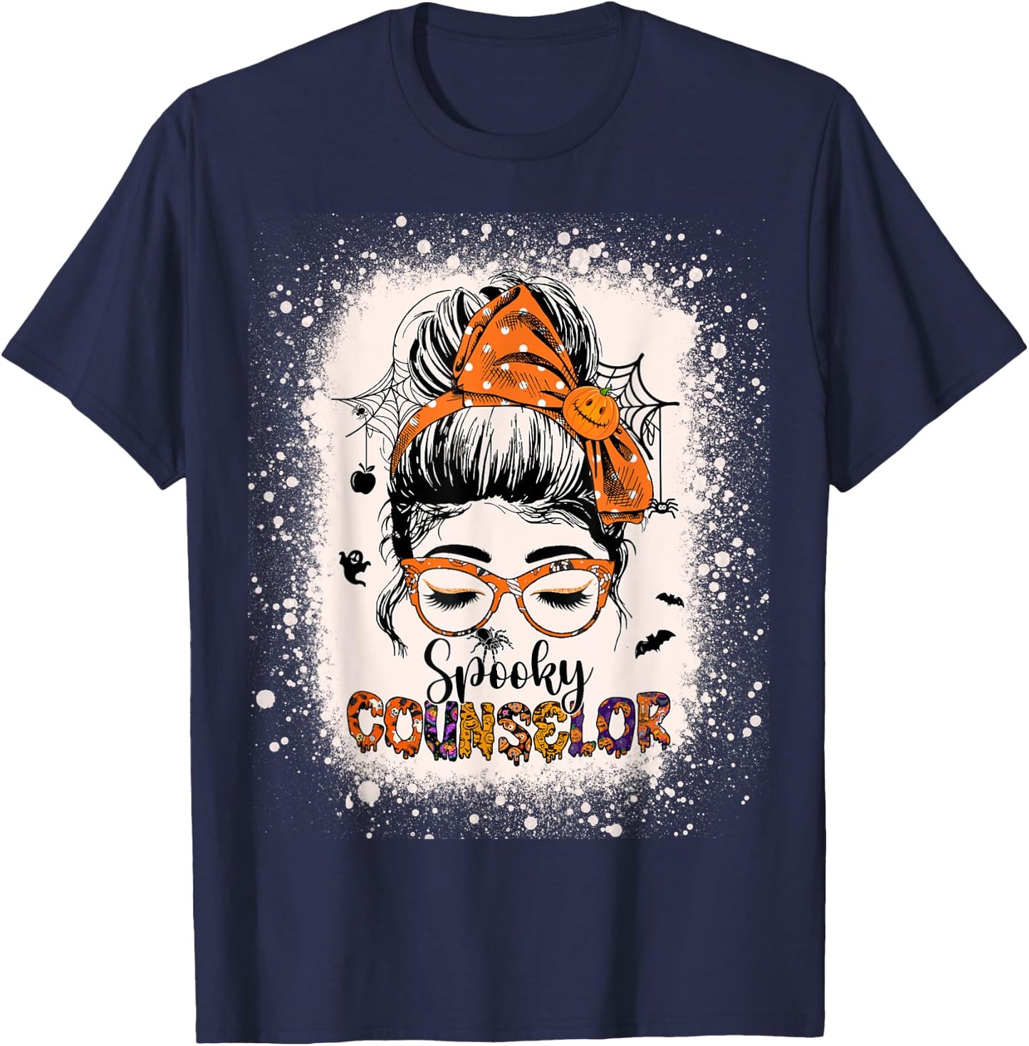 School Counselor Adviser Spooky Messy Bun Women Halloween T-Shirt - T-Shirt | Navy