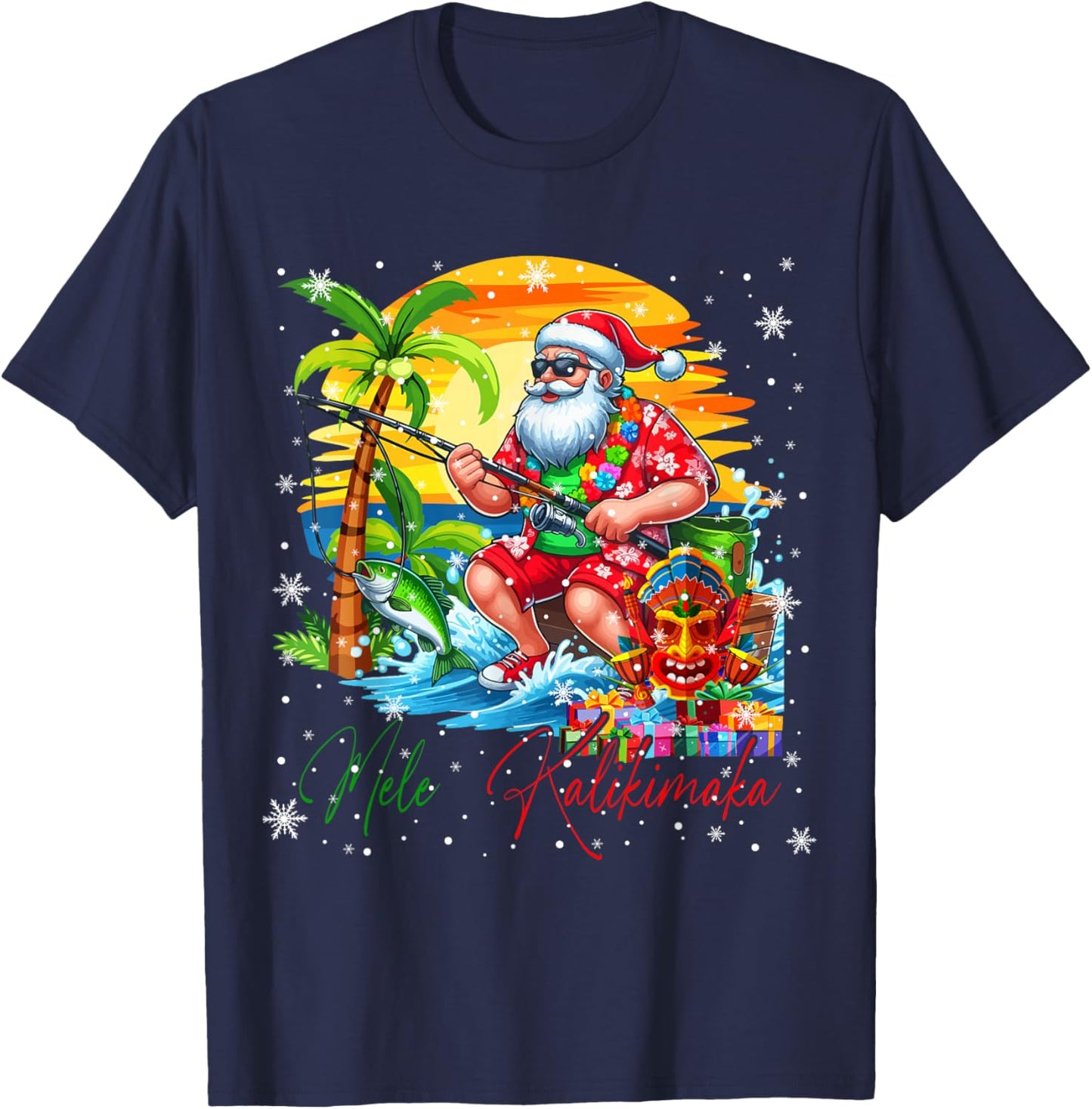 Mele Kalikimaka Hawaiian Santa Sunglasses Fishing Christmas T-Shirt - T-Shirt | Navy