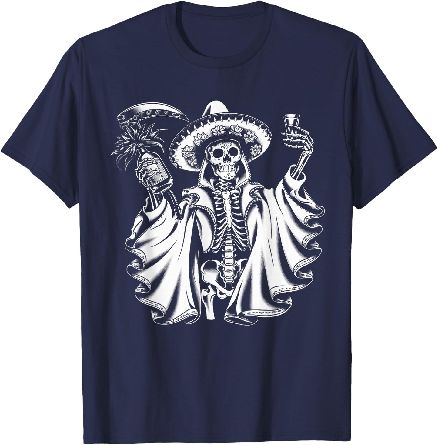 Mexico Vintage Skeleton Tequila Dia De Los Muertos Mexican T-Shirt - T-Shirt | Navy