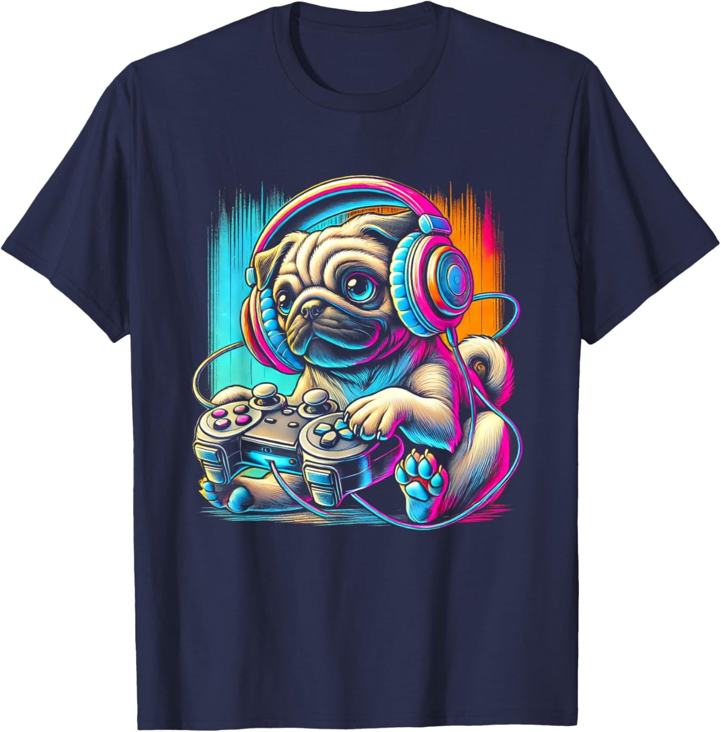 Pug Dog Colorful Video Game Controller Women Kids T-Shirt - T-Shirt | Navy