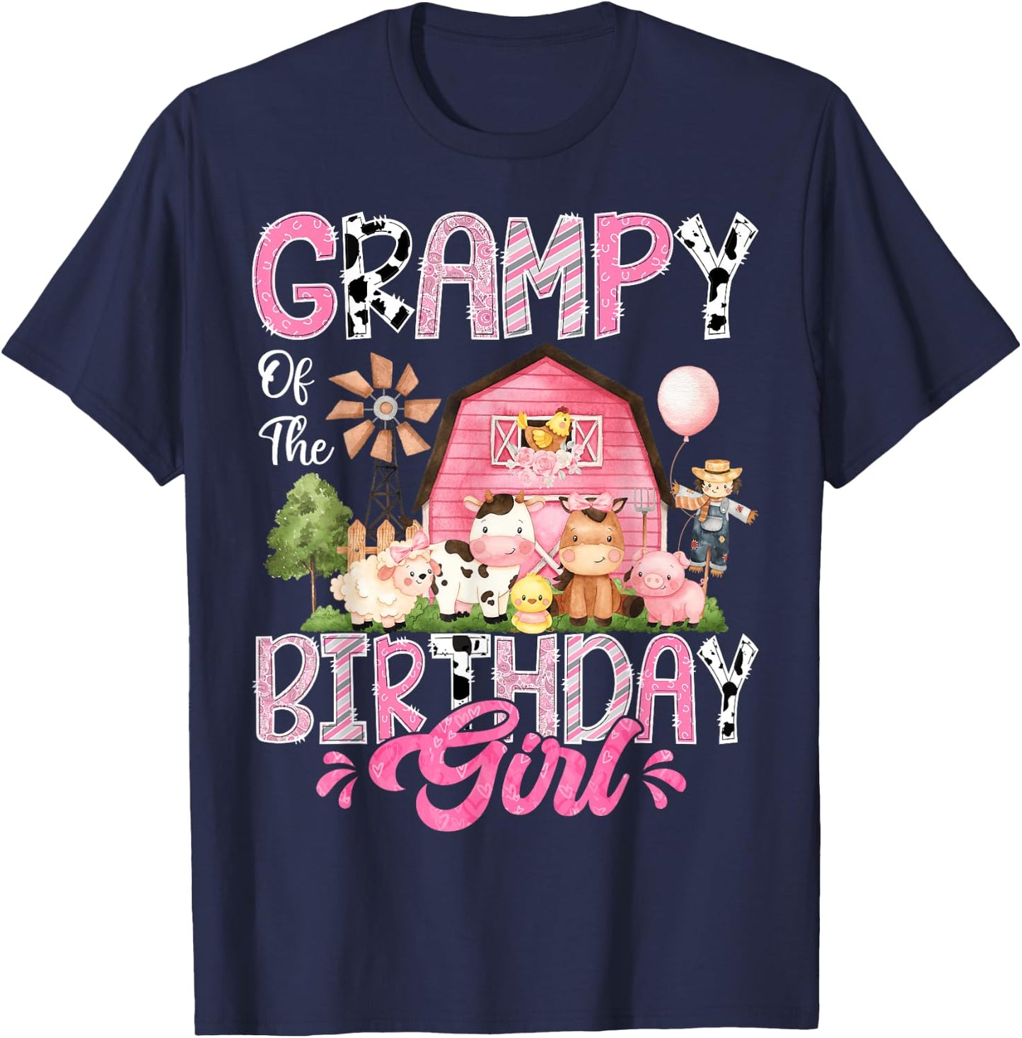 Grampy Of The Birthday Girl Pink Farm Cow First Birthday T-Shirt - T-Shirt | Navy