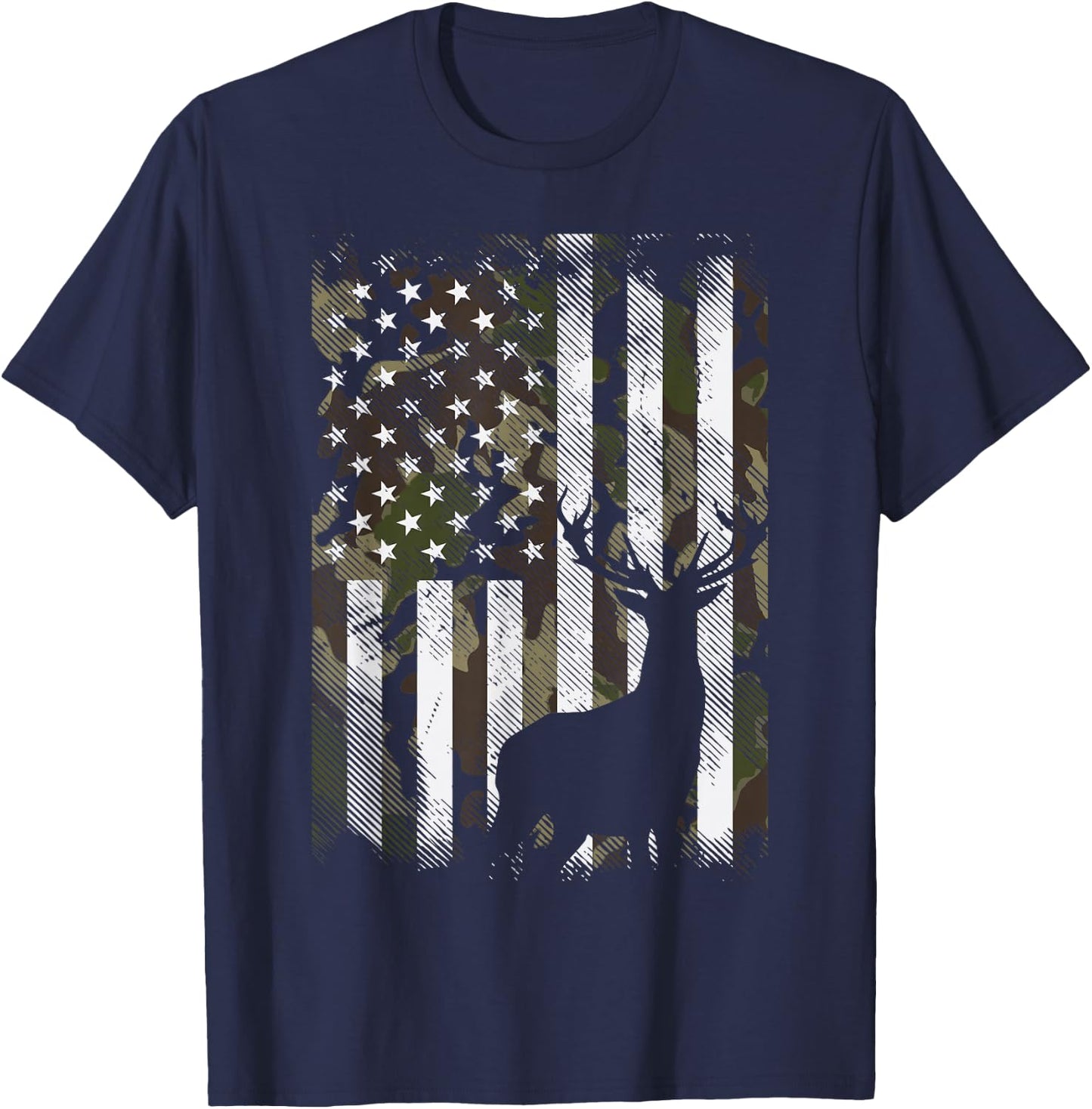 Camo US Flag Deer Elk Buck Camoflage Hunting Hunter Dad Gift Short Sleeve T-Shirt - T-Shirt | Navy