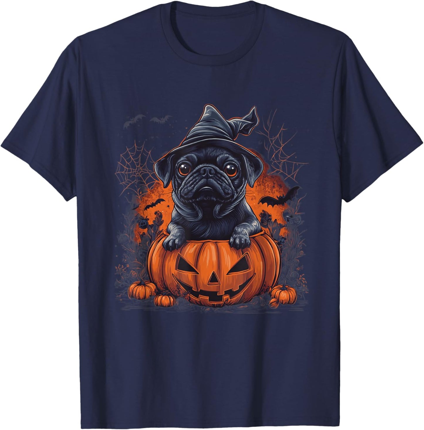Black Pug Dog Pumpkin Halloween Thanksgiving Men Women Dog T-Shirt - T-Shirt | Navy