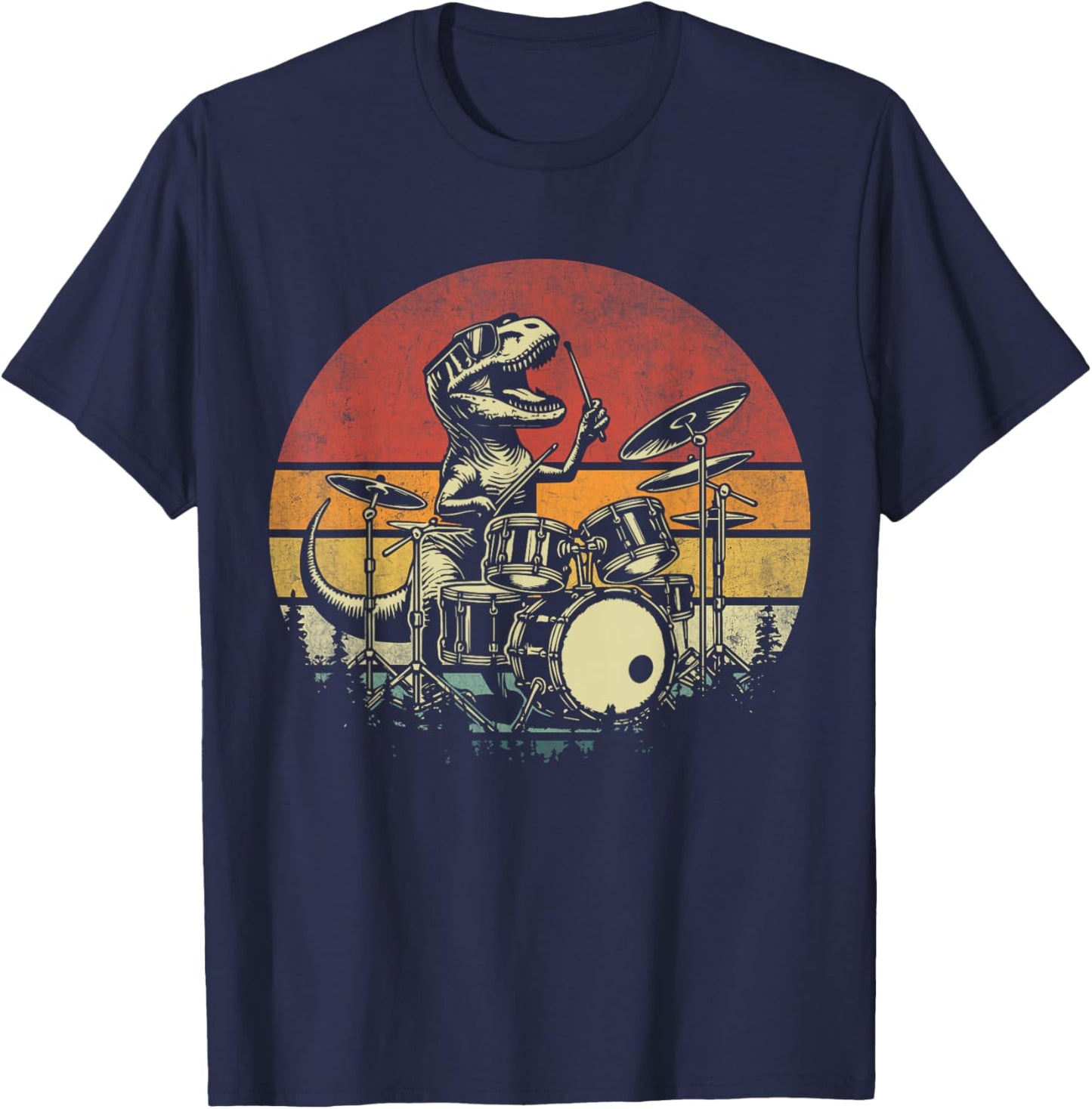 Funny Retro Trex Drummer Rock Drummer T-rex Playing Drums T-Shirt - T-Shirt | Navy